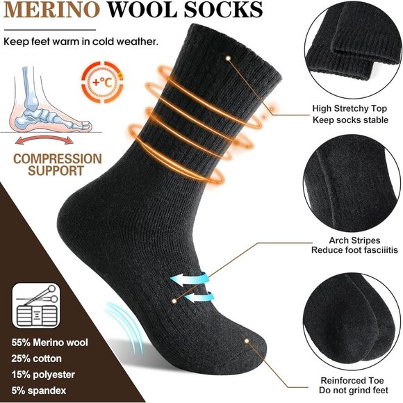 Womens Merino Wool Black B Socks 5 Pairs Warm Thick Crew Cozy Winter Boot Socks - Picture 3 of 6